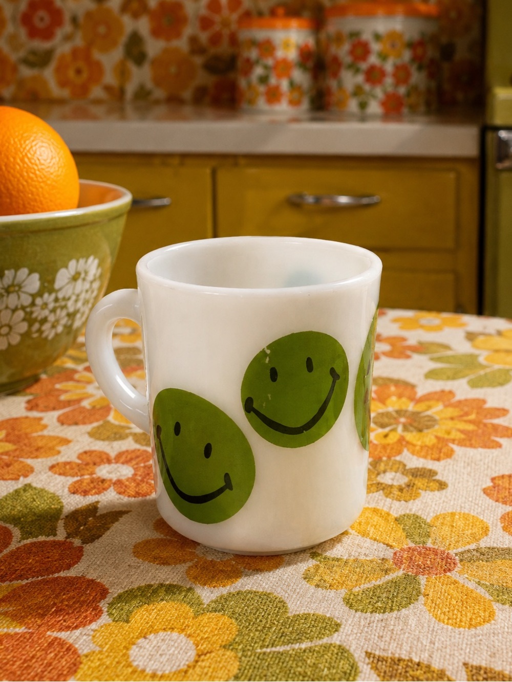 Vintage 70s Smiley Face Milk Glass Coffee Mug Avocado Green Be Happy